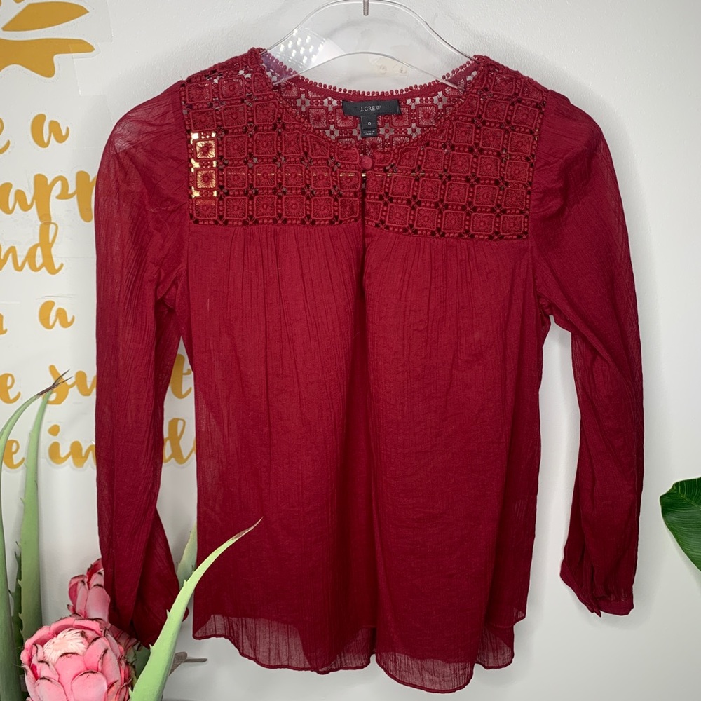 J.Crew Embroidered Gauze Top Tunic Burgundy Size 0 - Picture 3 of 8